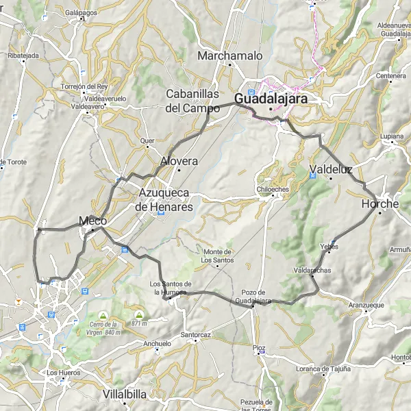 Map miniature of "Through the Historic Villages" cycling inspiration in Comunidad de Madrid, Spain. Generated by Tarmacs.app cycling route planner