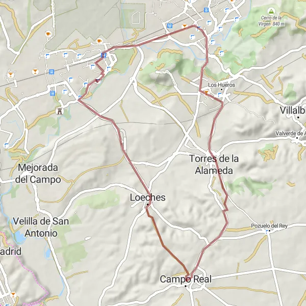 Map miniature of "Campo Real - Loeches - Alcalá de Henares - Torres de la Alameda Loop" cycling inspiration in Comunidad de Madrid, Spain. Generated by Tarmacs.app cycling route planner