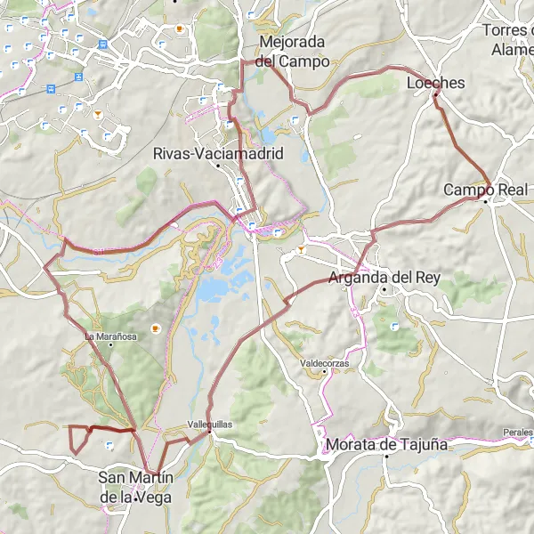 Map miniature of "Campo Real - Rivas de Jarama - Campo Real" cycling inspiration in Comunidad de Madrid, Spain. Generated by Tarmacs.app cycling route planner