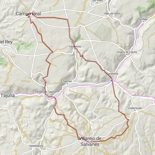 Map miniature of "Campo Real - Villarejo de Salvanés - Campo Real" cycling inspiration in Comunidad de Madrid, Spain. Generated by Tarmacs.app cycling route planner