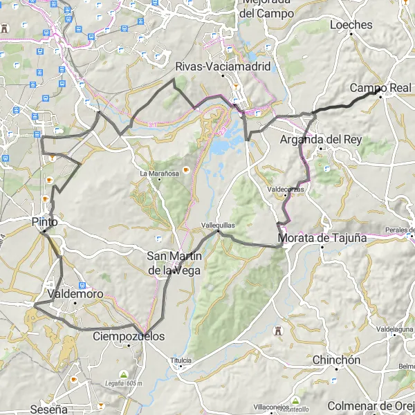 Map miniature of "Campo Real - Pinto - Campo Real" cycling inspiration in Comunidad de Madrid, Spain. Generated by Tarmacs.app cycling route planner