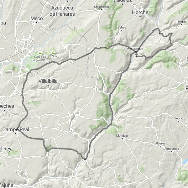 Map miniature of "Campo Real - Torres de la Alameda - Santorcaz - Armuña de Tajuña - Renera - Loranca de Tajuña - Ambite - Orusco de Tajuña - Valdilecha Loop" cycling inspiration in Comunidad de Madrid, Spain. Generated by Tarmacs.app cycling route planner