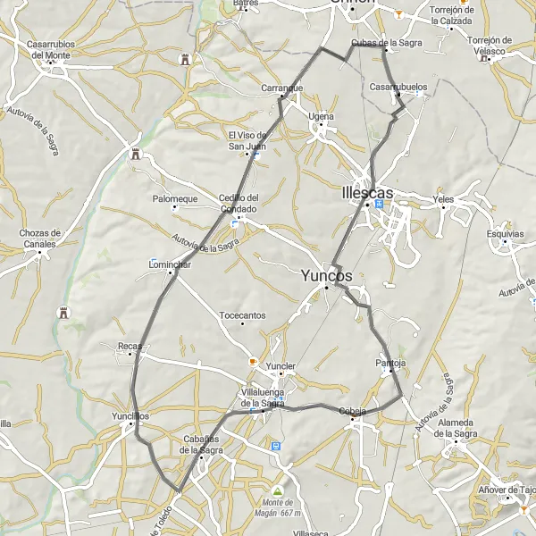 Miniatura mapy "Trasa szosowa rowerem w pobliżu Casarrubuelos" - trasy rowerowej w Comunidad de Madrid, Spain. Wygenerowane przez planer tras rowerowych Tarmacs.app