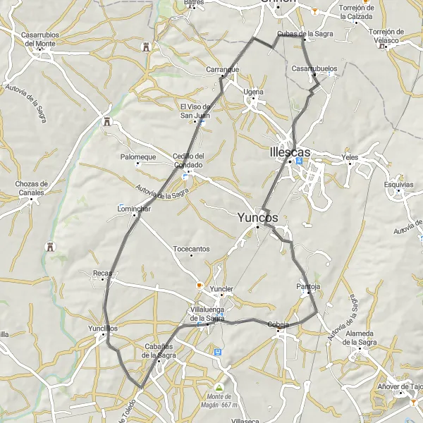 Miniatuurkaart van de fietsinspiratie "Verrassende racefietsroute van Casarrubuelos naar Villaluenga de la Sagra" in Comunidad de Madrid, Spain. Gemaakt door de Tarmacs.app fietsrouteplanner