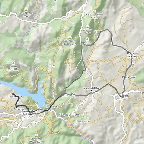 Miniatua del mapa de inspiración ciclista "Ruta Corta por la Sierra Oeste" en Comunidad de Madrid, Spain. Generado por Tarmacs.app planificador de rutas ciclistas