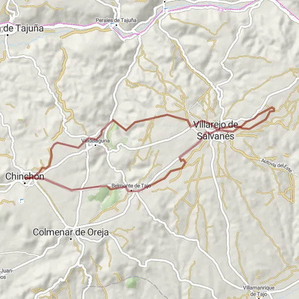 Map miniature of "Chinchón gravel loop" cycling inspiration in Comunidad de Madrid, Spain. Generated by Tarmacs.app cycling route planner