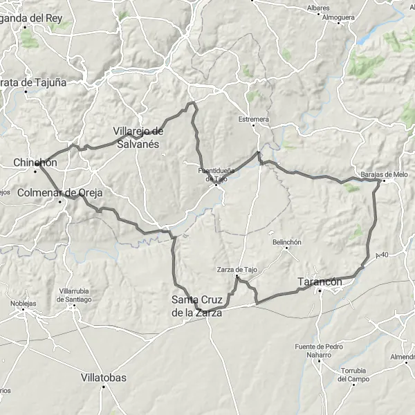 Miniaturekort af cykelinspirationen "Landevejsrute gennem smukke landskaber nær Chinchón" i Comunidad de Madrid, Spain. Genereret af Tarmacs.app cykelruteplanlægger