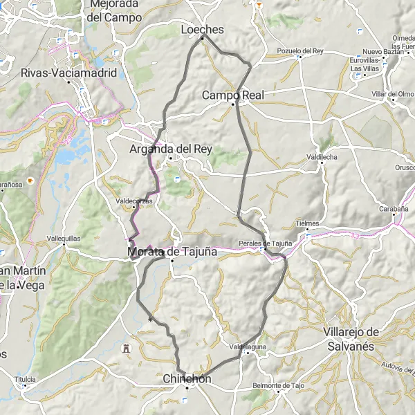 Miniatura mapy "Przejażdżka po okolicach Chinchón po szosie" - trasy rowerowej w Comunidad de Madrid, Spain. Wygenerowane przez planer tras rowerowych Tarmacs.app