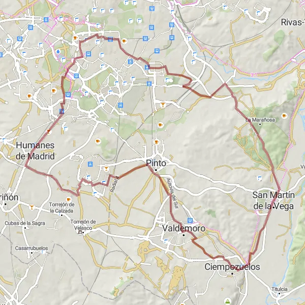 Miniatua del mapa de inspiración ciclista "Ruta en bicicleta por gravilla cerca de Ciempozuelos" en Comunidad de Madrid, Spain. Generado por Tarmacs.app planificador de rutas ciclistas
