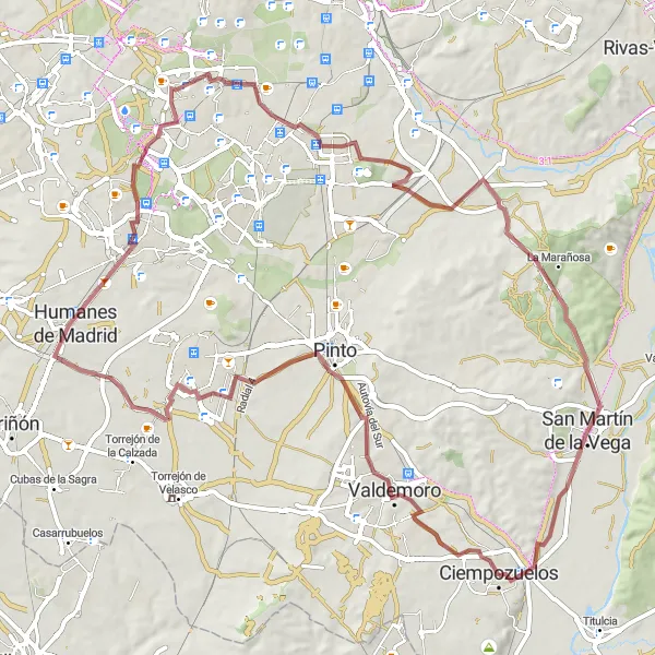 Miniatuurkaart van de fietsinspiratie "Gravelroute van Ciempozuelos naar Valdemoro en Leganés Norte" in Comunidad de Madrid, Spain. Gemaakt door de Tarmacs.app fietsrouteplanner