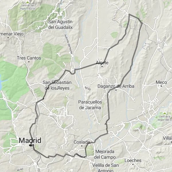 Miniatuurkaart van de fietsinspiratie "Tetuán-Valdeolmos-Fresno de Torote-Ajalvir-Cerro de la Calahorra-San Fernando de Henares-Edificio Metrópolis" in Comunidad de Madrid, Spain. Gemaakt door de Tarmacs.app fietsrouteplanner