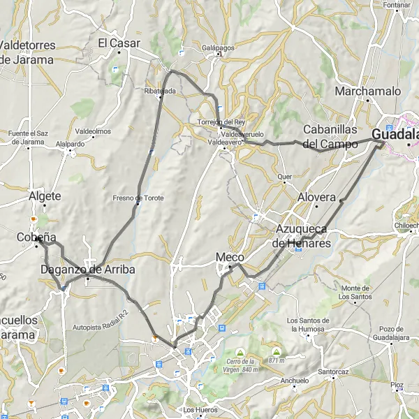 Miniatuurkaart van de fietsinspiratie "Wegfietsroute vanuit Cobeña" in Comunidad de Madrid, Spain. Gemaakt door de Tarmacs.app fietsrouteplanner