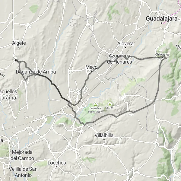 Map miniature of "Cobeña Loop via Cerro del Castillo" cycling inspiration in Comunidad de Madrid, Spain. Generated by Tarmacs.app cycling route planner