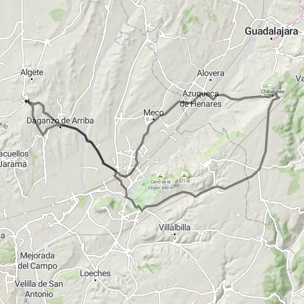 Miniatuurkaart van de fietsinspiratie "Rondrit van Cobeña naar Cerro del Castillo en terug" in Comunidad de Madrid, Spain. Gemaakt door de Tarmacs.app fietsrouteplanner