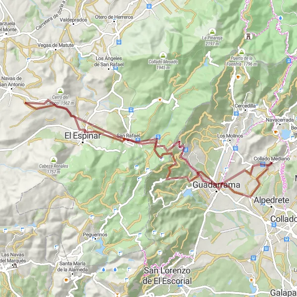 Map miniature of "Mountainous Gravel Circuit" cycling inspiration in Comunidad de Madrid, Spain. Generated by Tarmacs.app cycling route planner