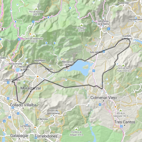 Map miniature of "The Hills of Collado Mediano and Beyond" cycling inspiration in Comunidad de Madrid, Spain. Generated by Tarmacs.app cycling route planner