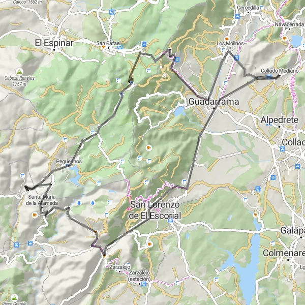 Map miniature of "Guadarrama and Surrounding Villages" cycling inspiration in Comunidad de Madrid, Spain. Generated by Tarmacs.app cycling route planner