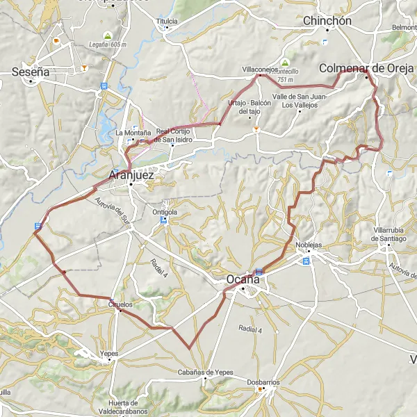 Miniatua del mapa de inspiración ciclista "Ruta de Grava Mirador del Pinar - Colmenar de Oreja" en Comunidad de Madrid, Spain. Generado por Tarmacs.app planificador de rutas ciclistas