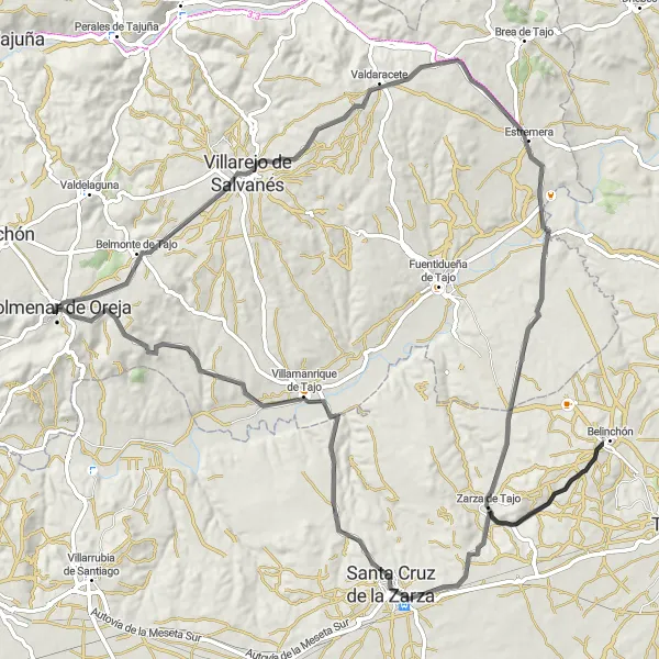 Map miniature of "Colmenar de Oreja Loop via Villarejo de Salvanés" cycling inspiration in Comunidad de Madrid, Spain. Generated by Tarmacs.app cycling route planner