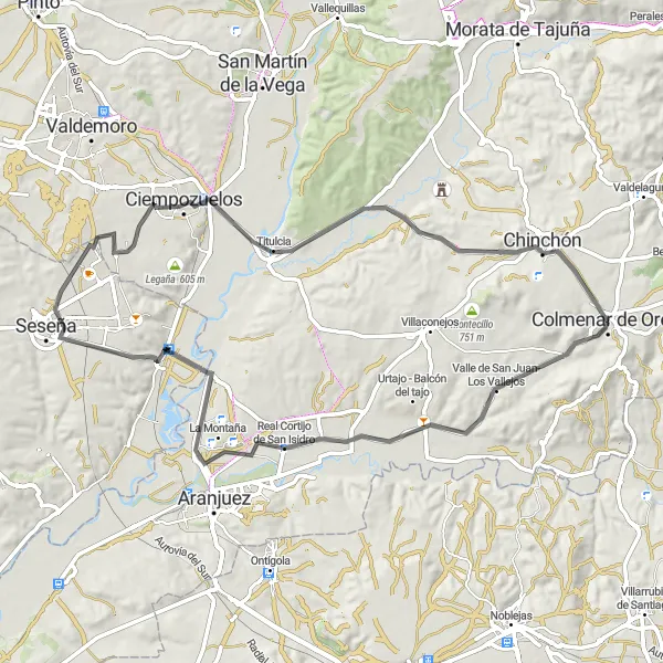 Map miniature of "Colmenar de Oreja Loop via Real Cortijo de San Isidro and Seseña" cycling inspiration in Comunidad de Madrid, Spain. Generated by Tarmacs.app cycling route planner