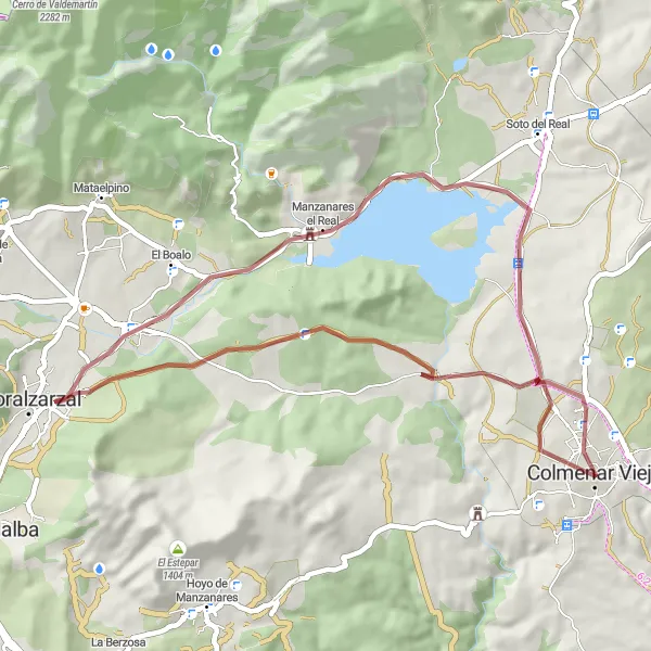 Map miniature of "Colmenar Viejo to Castillo Viejo de Manzanares Gravel Route" cycling inspiration in Comunidad de Madrid, Spain. Generated by Tarmacs.app cycling route planner