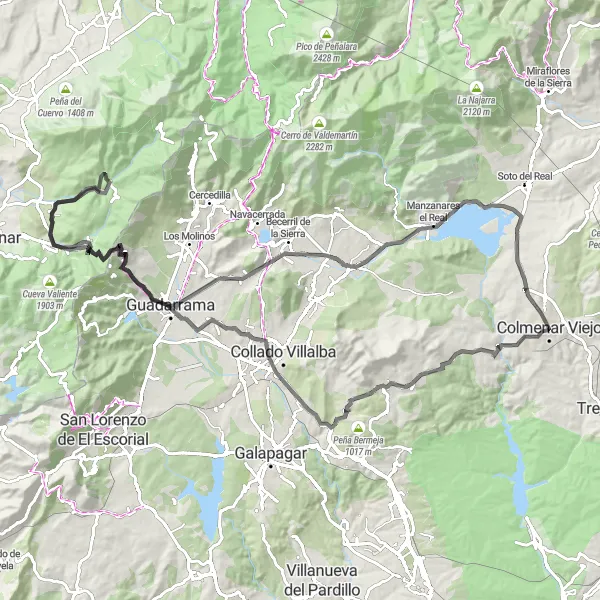 Map miniature of "Madrid Mountain Challenge" cycling inspiration in Comunidad de Madrid, Spain. Generated by Tarmacs.app cycling route planner