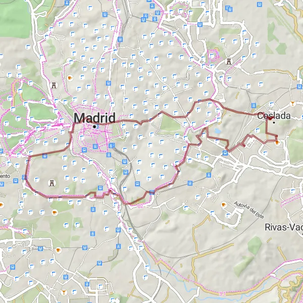 Map miniature of "Gravel Adventure: Coslada to San Blas" cycling inspiration in Comunidad de Madrid, Spain. Generated by Tarmacs.app cycling route planner