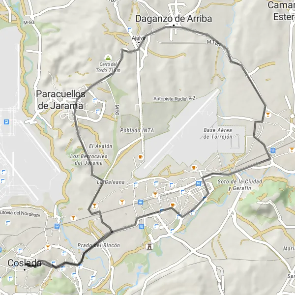Map miniature of "Coslada to San Fernando de Henares Loop" cycling inspiration in Comunidad de Madrid, Spain. Generated by Tarmacs.app cycling route planner