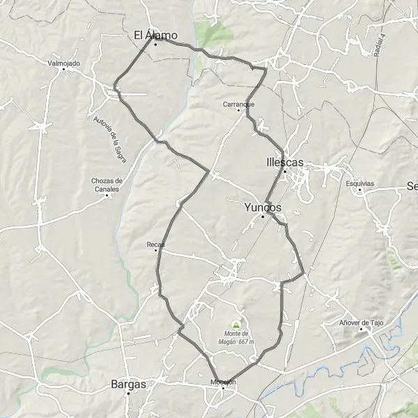 Map miniature of "El Álamo - Yunclillos Loop" cycling inspiration in Comunidad de Madrid, Spain. Generated by Tarmacs.app cycling route planner