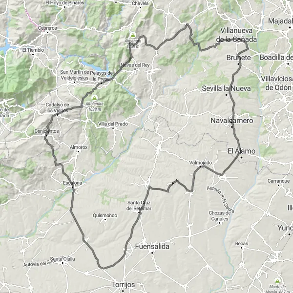 Miniatura mapy "Długie cyklowycie dookoła El Álamo" - trasy rowerowej w Comunidad de Madrid, Spain. Wygenerowane przez planer tras rowerowych Tarmacs.app