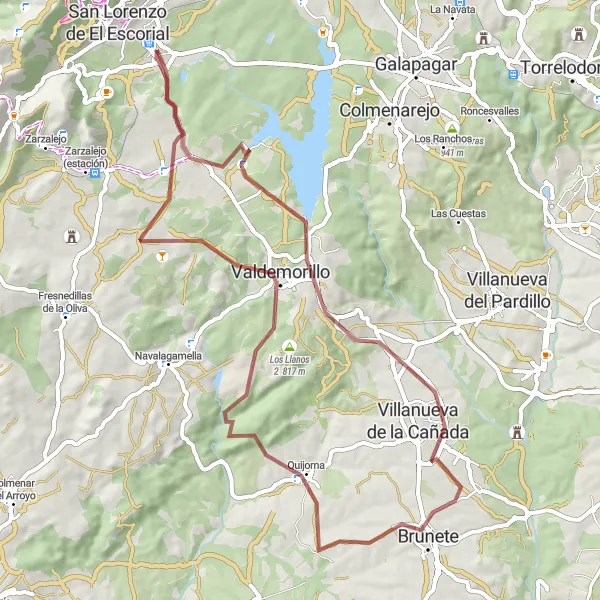 Map miniature of "Pino Alto and Mirador de Valdemorillo Gravel Loop" cycling inspiration in Comunidad de Madrid, Spain. Generated by Tarmacs.app cycling route planner