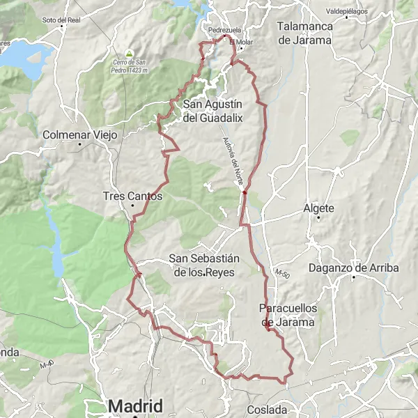Map miniature of "Gravel Challenge: Exploring Unexplored Paths" cycling inspiration in Comunidad de Madrid, Spain. Generated by Tarmacs.app cycling route planner