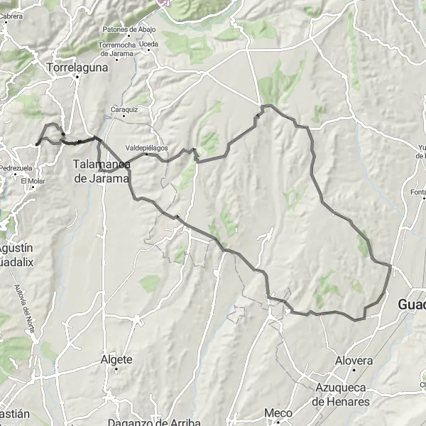 Miniatua del mapa de inspiración ciclista "Ruta en Carretera a Cabanillas del Campo" en Comunidad de Madrid, Spain. Generado por Tarmacs.app planificador de rutas ciclistas