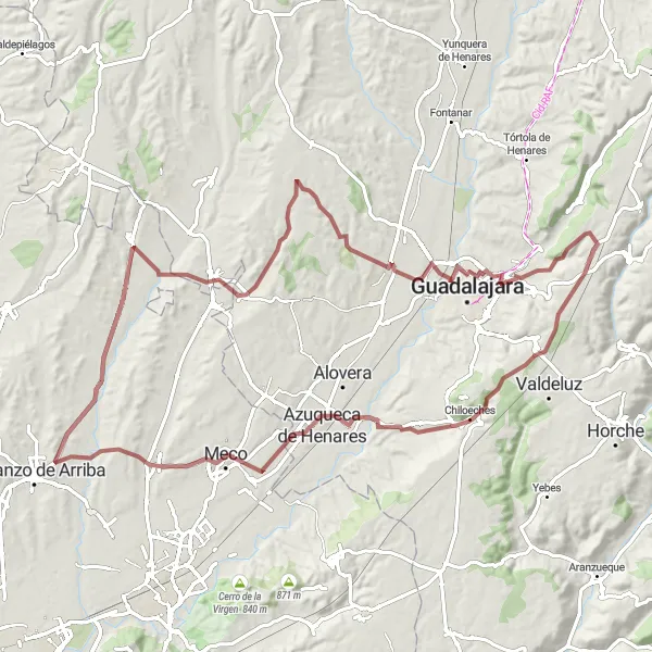 Miniatura mapy "Trasa gravelowa z Valdeaveruelo do Camarma de Esteruelas" - trasy rowerowej w Comunidad de Madrid, Spain. Wygenerowane przez planer tras rowerowych Tarmacs.app