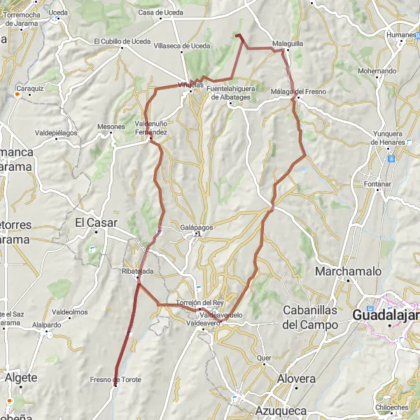 Miniatua del mapa de inspiración ciclista "Ruta de Grava de Fresno de Torote a Valdeaveruelo" en Comunidad de Madrid, Spain. Generado por Tarmacs.app planificador de rutas ciclistas