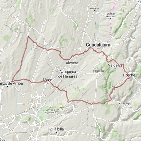 Miniatua del mapa de inspiración ciclista "Gran Ruta de Grava de Fresno de Torote a Camarma de Esteruelas" en Comunidad de Madrid, Spain. Generado por Tarmacs.app planificador de rutas ciclistas