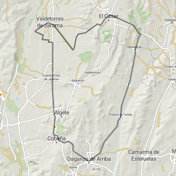 Map miniature of "Scenic Escape to Valdetorres de Jarama" cycling inspiration in Comunidad de Madrid, Spain. Generated by Tarmacs.app cycling route planner