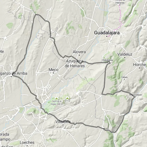 Miniatua del mapa de inspiración ciclista "Ruta circular Fresno de Torote - Daganzo de Arriba" en Comunidad de Madrid, Spain. Generado por Tarmacs.app planificador de rutas ciclistas