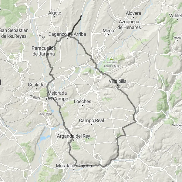 Map miniature of "Discovering Open Air Sculptures and Historic Villages" cycling inspiration in Comunidad de Madrid, Spain. Generated by Tarmacs.app cycling route planner