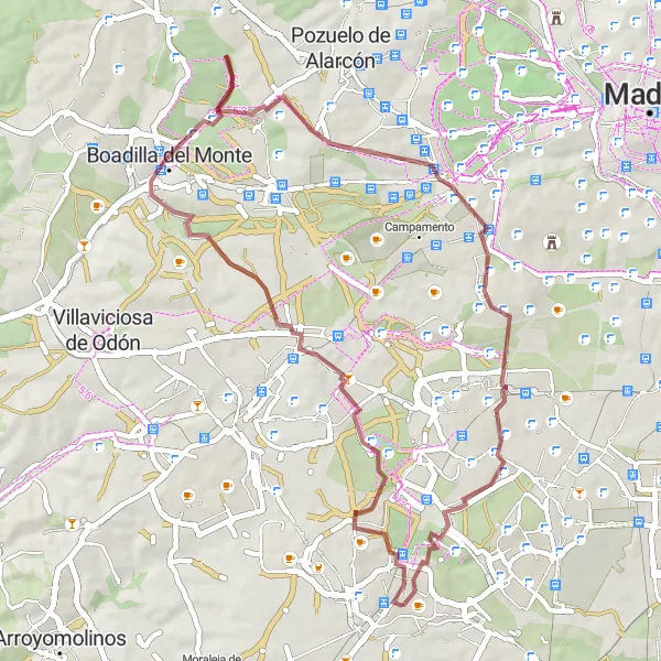 Miniatua del mapa de inspiración ciclista "Ruta en bici por caminos de gravilla desde Fuenlabrada" en Comunidad de Madrid, Spain. Generado por Tarmacs.app planificador de rutas ciclistas