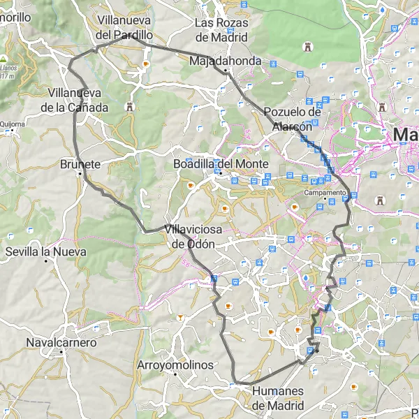 Map miniature of "Historical Villages Loop" cycling inspiration in Comunidad de Madrid, Spain. Generated by Tarmacs.app cycling route planner