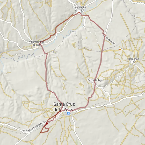 Map miniature of "Zarza de Tajo - Santa Cruz de la Zarza - Villamanrique de Tajo - Fuentidueña de Tajo Gravel Route" cycling inspiration in Comunidad de Madrid, Spain. Generated by Tarmacs.app cycling route planner