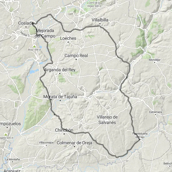 Miniatura mapy "Trasa szosowa od Fuentidueña de Tajo, Majadahonda" - trasy rowerowej w Comunidad de Madrid, Spain. Wygenerowane przez planer tras rowerowych Tarmacs.app