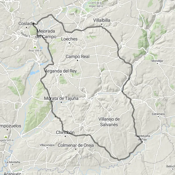 Map miniature of "Villamanrique de Tajo - Belmonte de Tajo - Mirador de la Iglesia - Velilla de San Antonio - San Fernando de Henares - Valverde de Alcalá - Nuevo Baztán - Valdaracete - Fuente Salobre Road Route" cycling inspiration in Comunidad de Madrid, Spain. Generated by Tarmacs.app cycling route planner