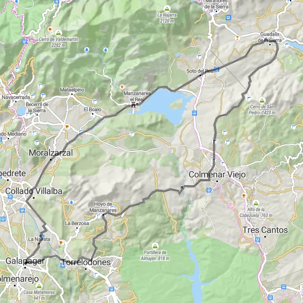 Map miniature of "Road Cycling in Guadarrama" cycling inspiration in Comunidad de Madrid, Spain. Generated by Tarmacs.app cycling route planner