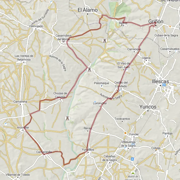 Miniatura mapy "Trasa dla szutrowych rowerów w pobliżu Griñón (Comunidad de Madrid, Hiszpania)" - trasy rowerowej w Comunidad de Madrid, Spain. Wygenerowane przez planer tras rowerowych Tarmacs.app