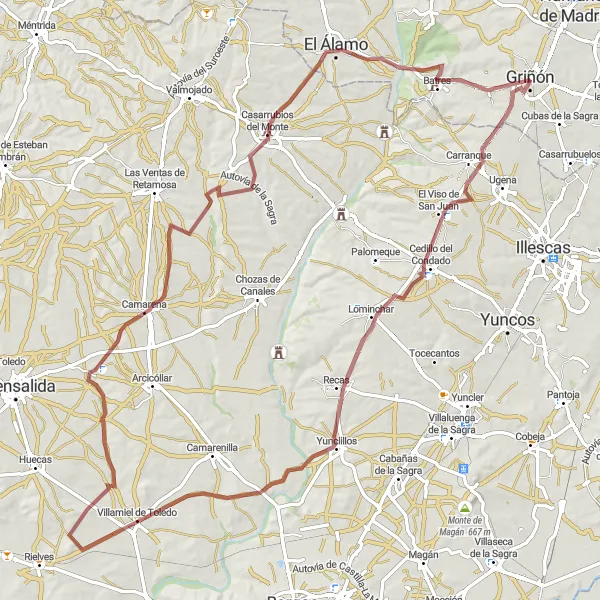 Miniatura mapy "Trasa wokół Griñón (gravel)" - trasy rowerowej w Comunidad de Madrid, Spain. Wygenerowane przez planer tras rowerowych Tarmacs.app
