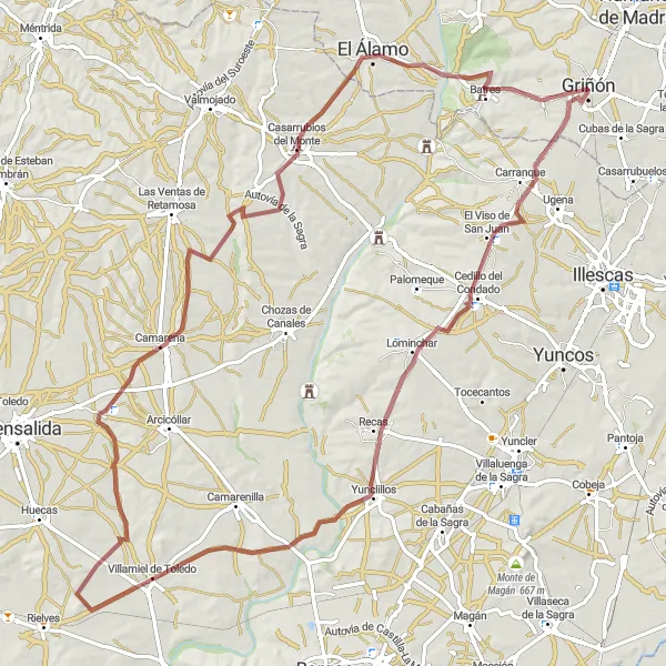 Map miniature of "Gravel Adventure" cycling inspiration in Comunidad de Madrid, Spain. Generated by Tarmacs.app cycling route planner