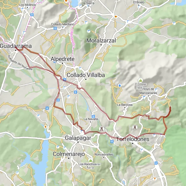 Miniatua del mapa de inspiración ciclista "Ruta en bicicleta de grava desde Guadarrama" en Comunidad de Madrid, Spain. Generado por Tarmacs.app planificador de rutas ciclistas