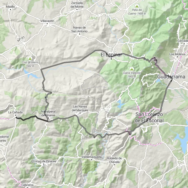 Map miniature of "San Lorenzo de El Escorial to Guadarrama Epic Ride" cycling inspiration in Comunidad de Madrid, Spain. Generated by Tarmacs.app cycling route planner